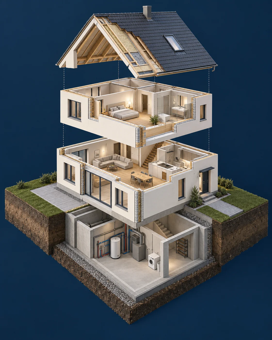 Schematische Explosionszeichnung: Dach, Wohnräume, Bausubstanz und Haustechnik eines Hauses