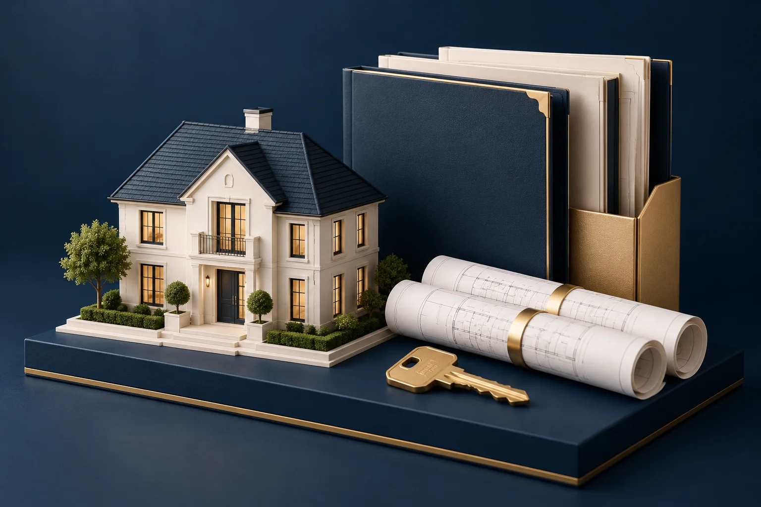 Hausmodell mit geordneten Verkaufsunterlagen und goldenem Schlüssel