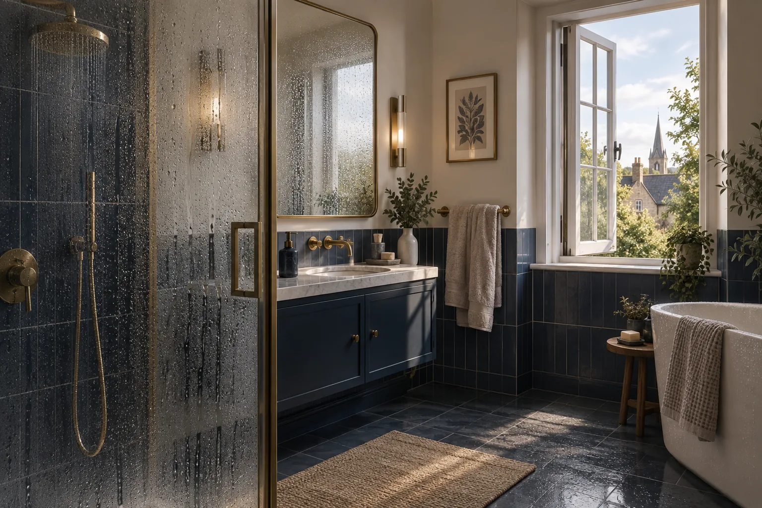 Illustratives Badezimmer nach dem Duschen: Kondenswasser, Handtuch und geöffnetes Fenster