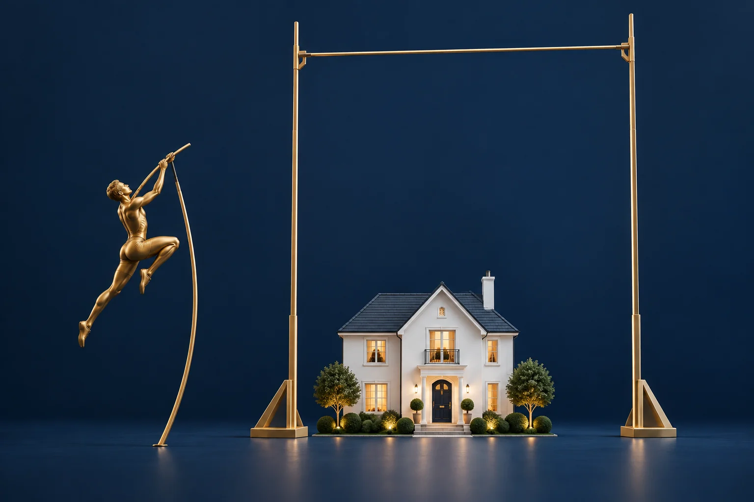Haus unter einer hohen Sprunglatte mit goldenem Stabhochspringer