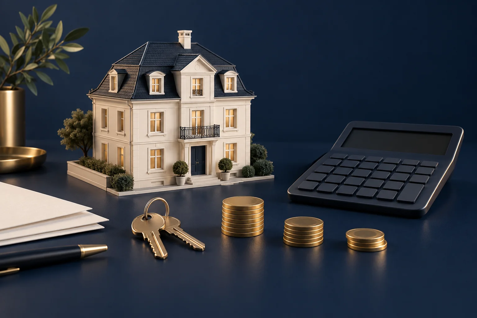 Haus und Münzgruppen als Symbol für Kaufpreis, laufende Zahlungen und langfristigen Finanzierungsbedarf