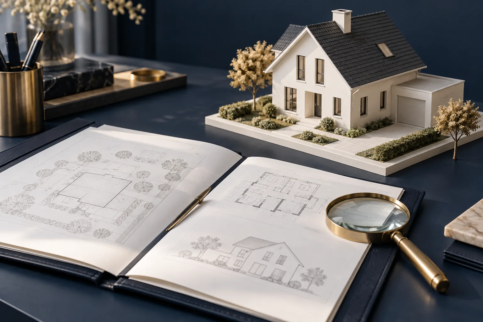 Hausmodell mit geordneter Objektakte und Lupe als Symbol für einen vorbereiteten Immobilienverkauf