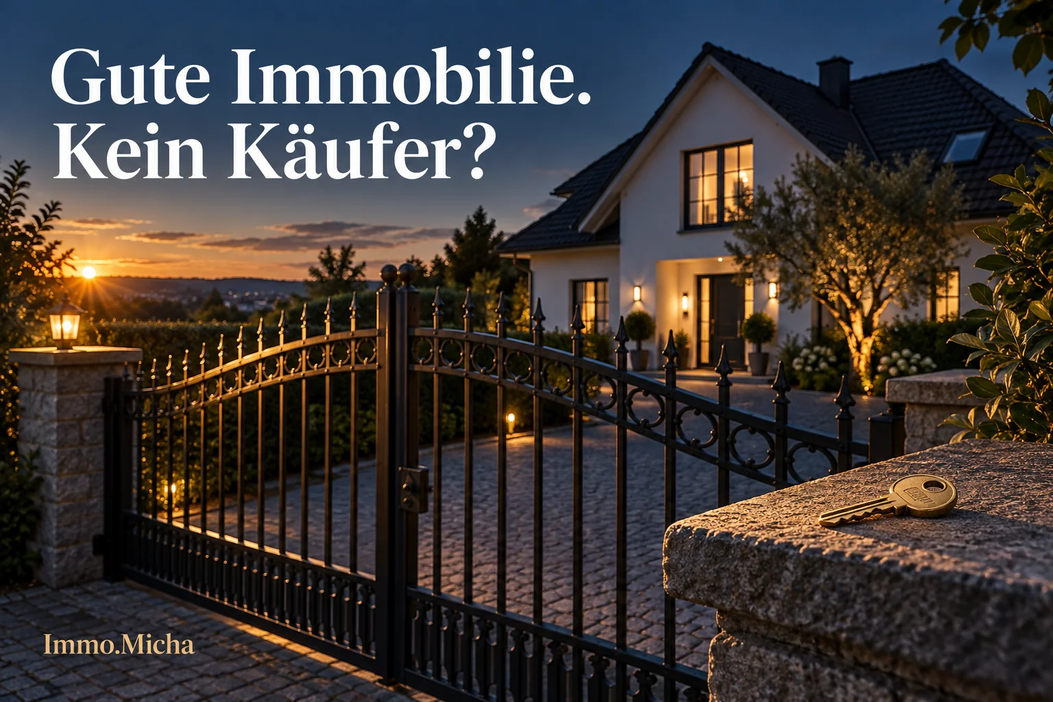 Wohnhaus hinter einem geschlossenen Gartentor mit goldenem Schlüssel: Gute Immobilie. Kein Käufer? – KI-generiertes Symbolbild