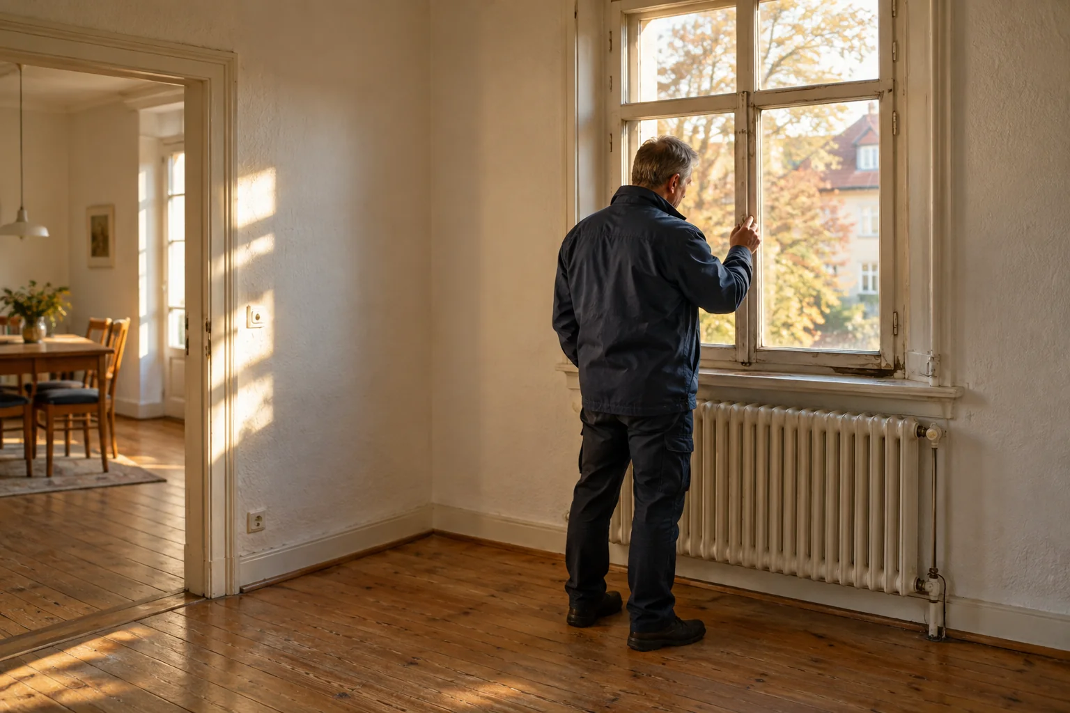 Ein Fachmann betrachtet Fenster und Heizkörper in einem älteren Haus – KI-generiertes Symbolbild