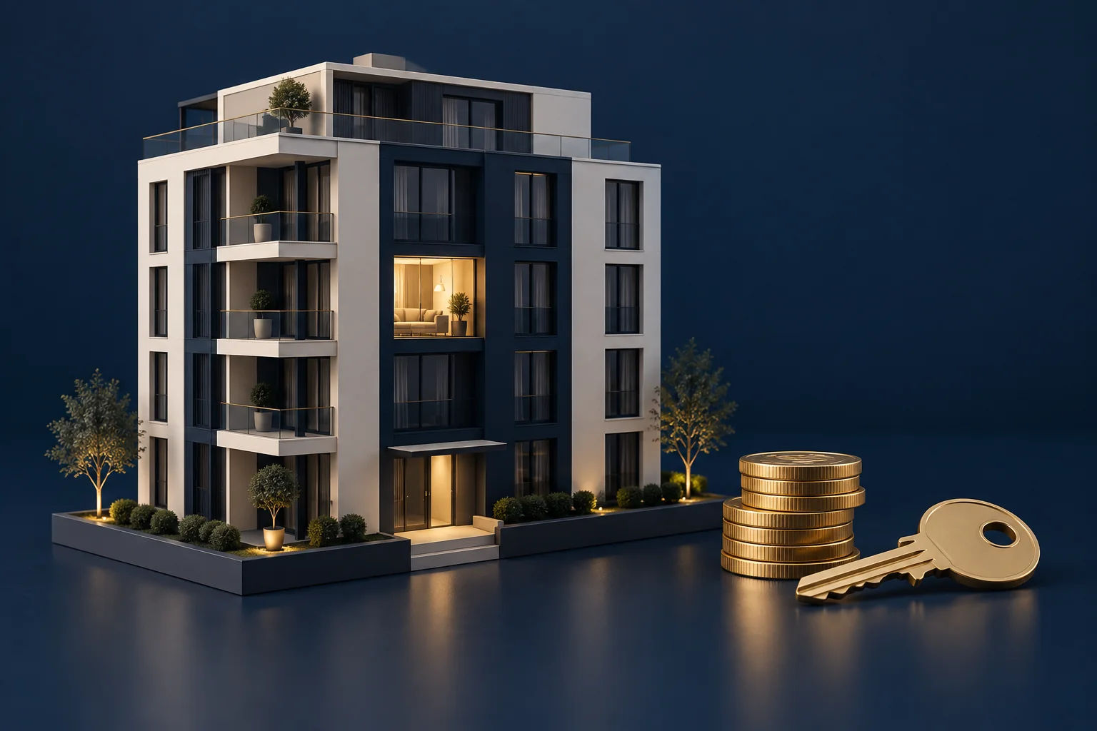 Wohngebäude mit beleuchteter vermieteter Wohnung, Münzen und Schlüssel